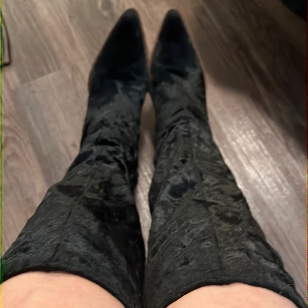 Elizabeth and James black velvet western style wood stacked heel boot